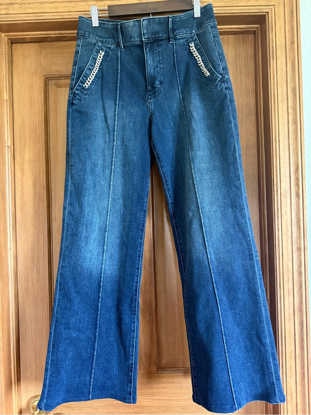 White House Black Market High Waist Wide Leg Jeans with Chain-Trim Pockets